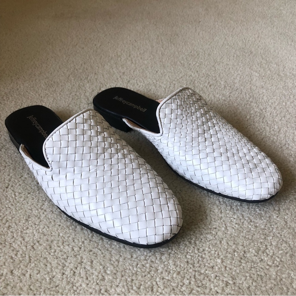 Jeffrey Campbell white woven mules 7.5